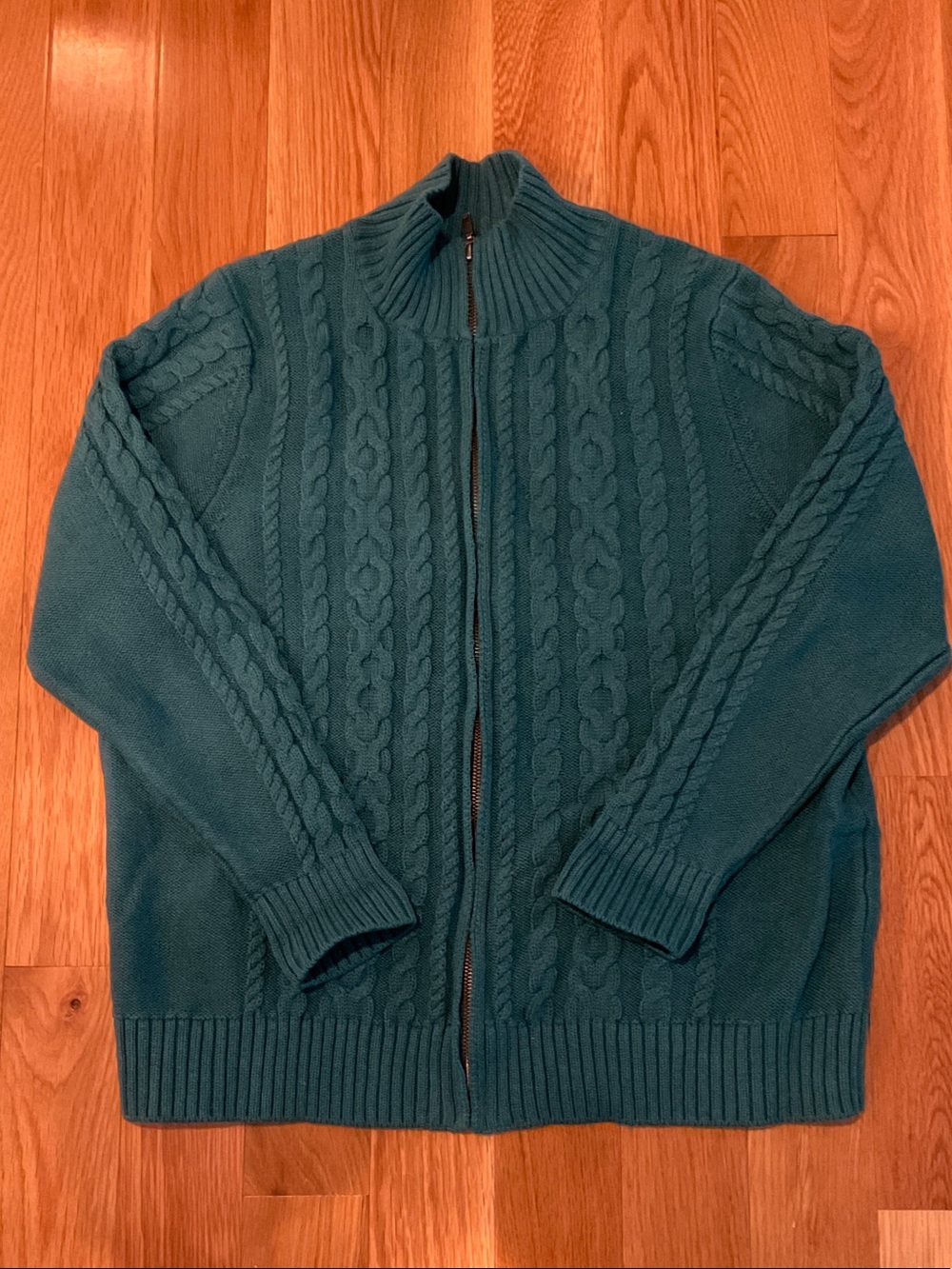 L.L. Bean Deep Teal Green Cable-Knit Full-Zip Cardigan